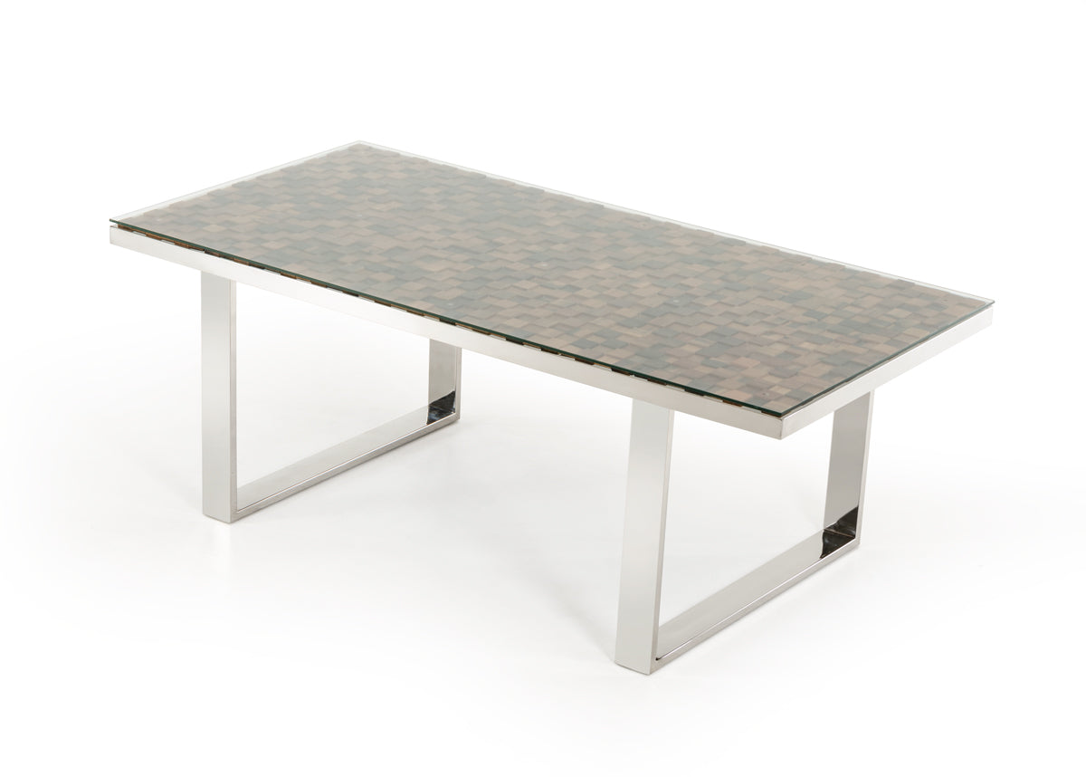 30' Wood Mosaic Steel And Glass Dining Table By Homeroots | Dining Tables | Modishstore - 2