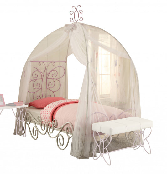 White And Lilac Scroll Butterfly Design Twin Canopy Bed By Homeroots | Beds | Modishstore