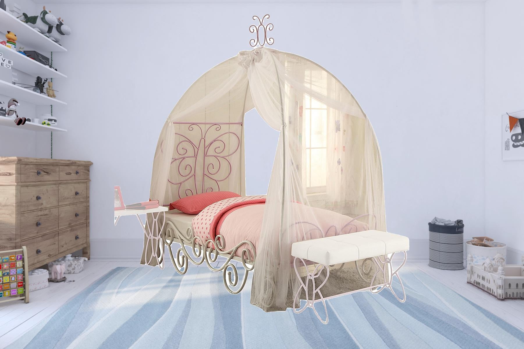 White And Lilac Scroll Butterfly Design Twin Canopy Bed By Homeroots | Beds | Modishstore - 2