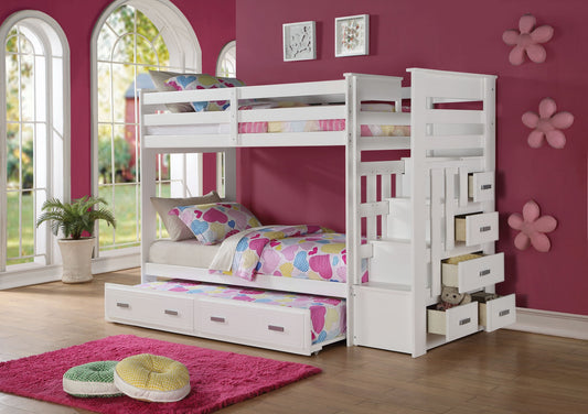 Twin Over Twin White Storage Ladder And Trundle Bunk Bed By Homeroots | Beds | Modishstore