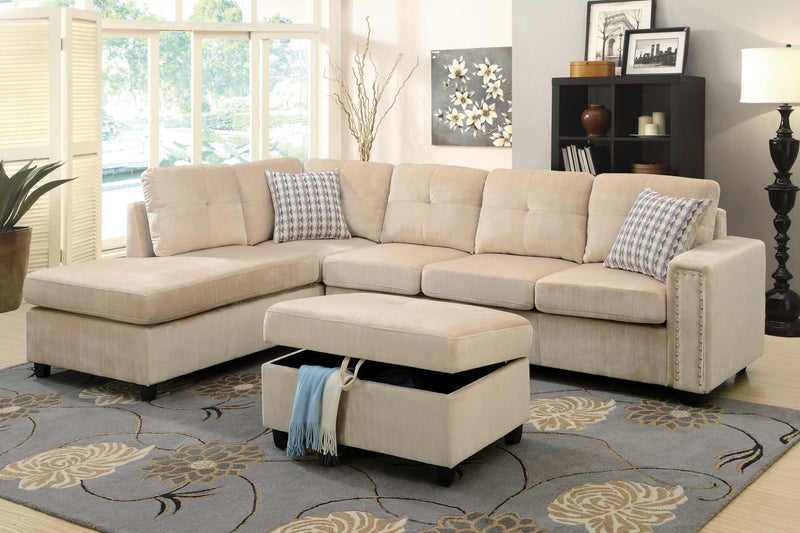 Beige Velvet Reversible Sectional Sofa With Pillows By Homeroots | Sofa Set | Modishstore