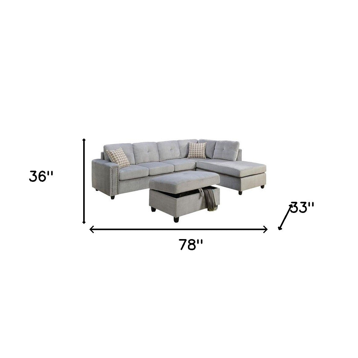 Gray Velvet Reversible Sectional Sofa With Pillows By Homeroots | Sectional | Modishstore - 5