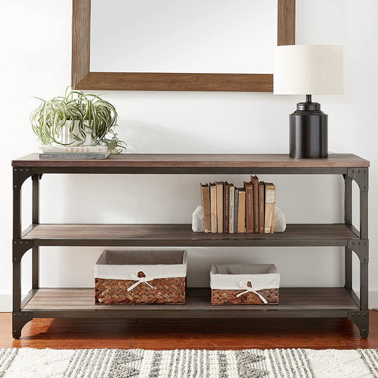 60' Rustic Weathered Oak Console Storage Table By Homeroots | Console Tables | Modishstore