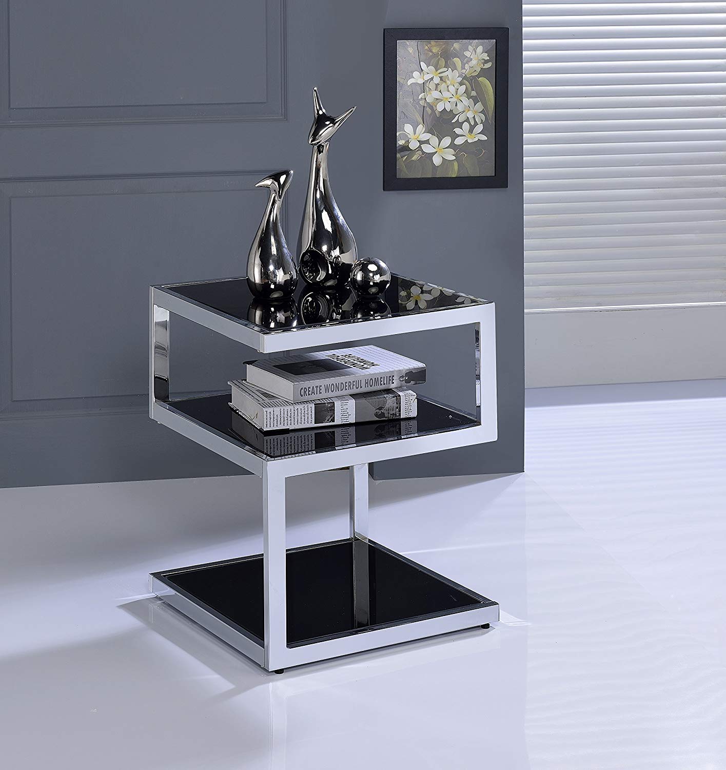 Black Glass And Chrome 3 Tier Shelves End Table By Homeroots | End Tables | Modishstore