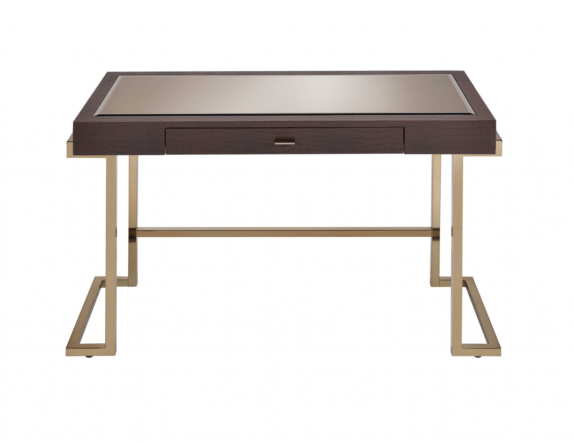 Brown Faux Leather and Light Gold Mirror Desk By Homeroots | Desks | Modishstore