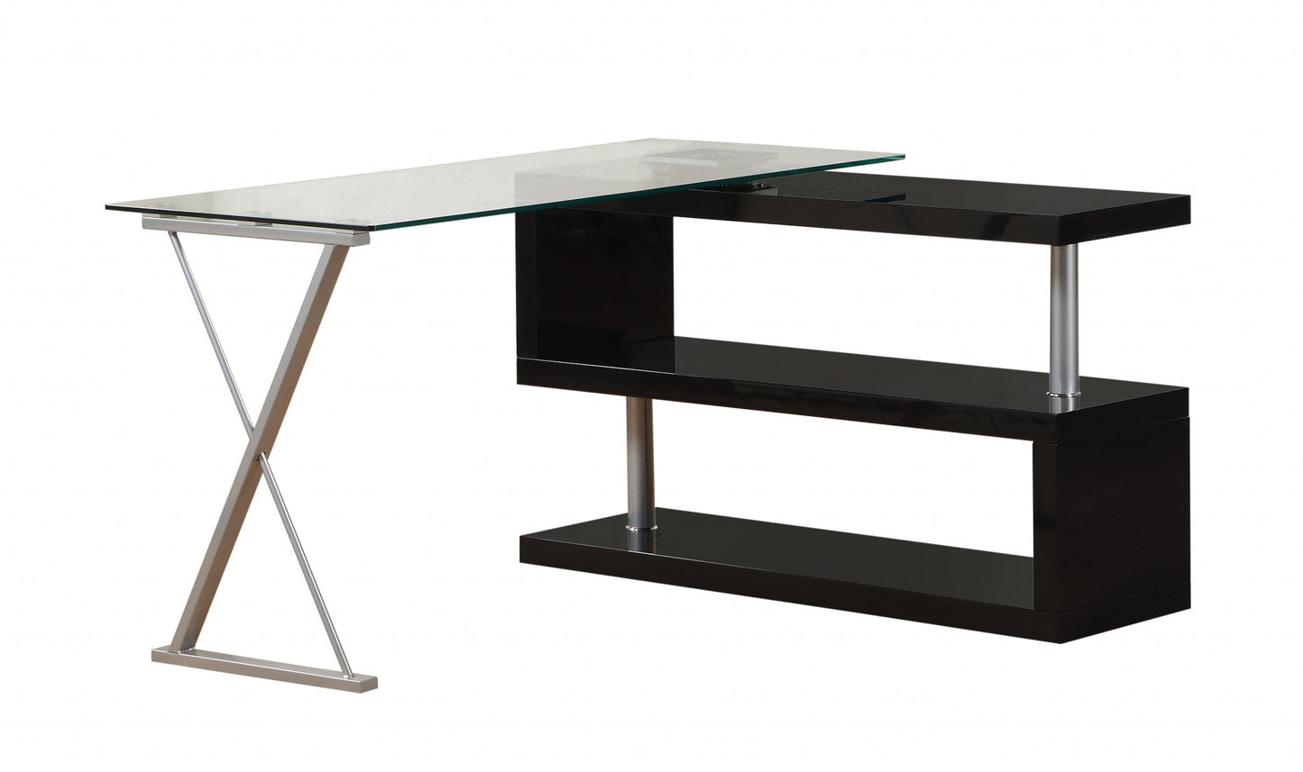 Black High Gloss Clear Glass Office Desk By Homeroots | Desks | Modishstore - 2