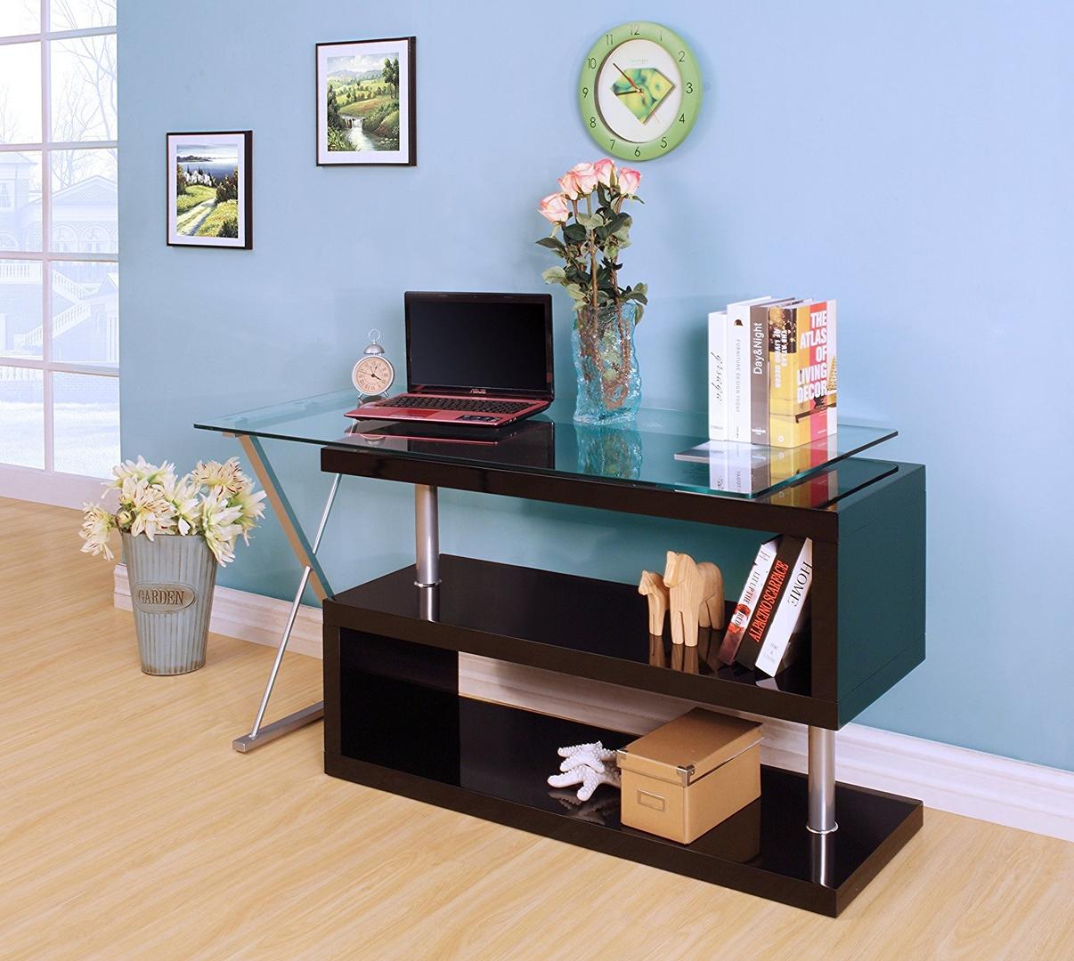 Black High Gloss Clear Glass Office Desk By Homeroots | Desks | Modishstore