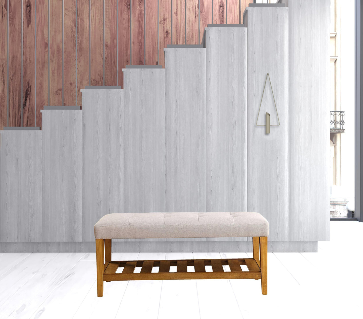 Light Gray And Oak Simple Bench By Homeroots | Benches | Modishstore - 2