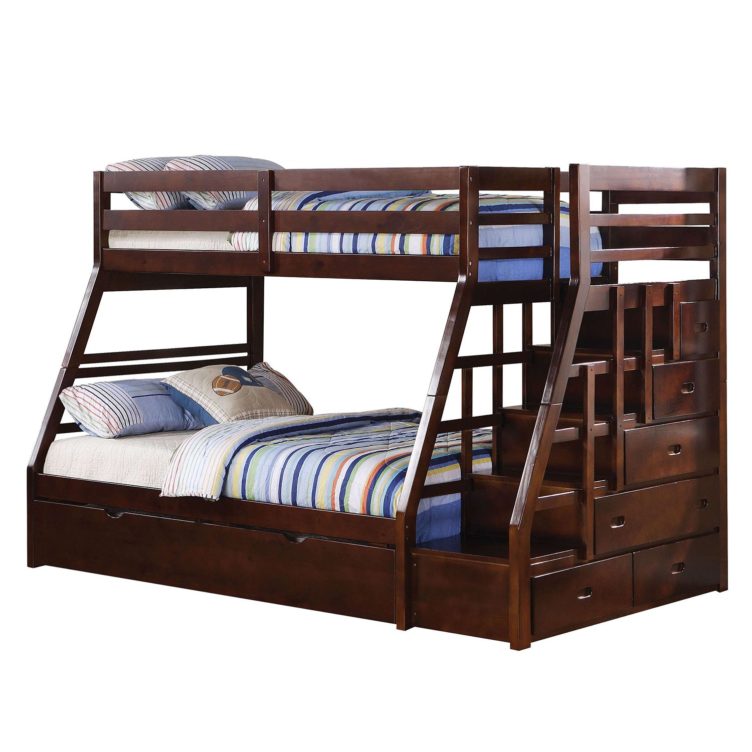 Espresso Pine Wood Bunk Bed Twin-Full With Trundle By Homeroots | Beds | Modishstore - 3