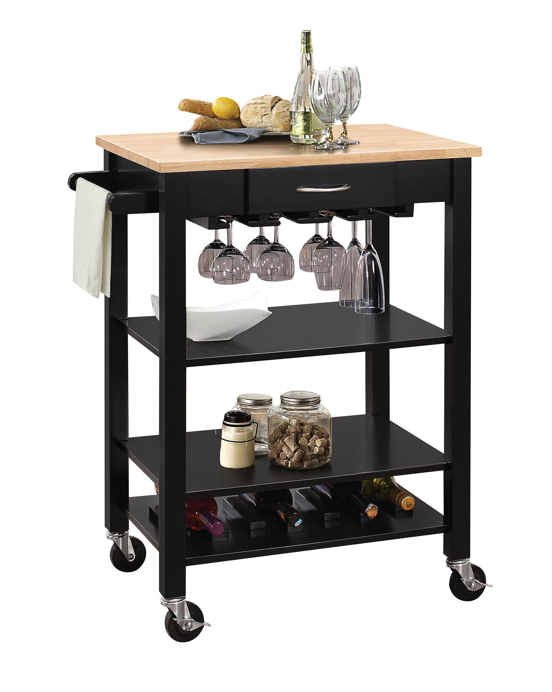 Natural And Black Kitchen Cart By Homeroots | Bar Carts | Modishstore - 3