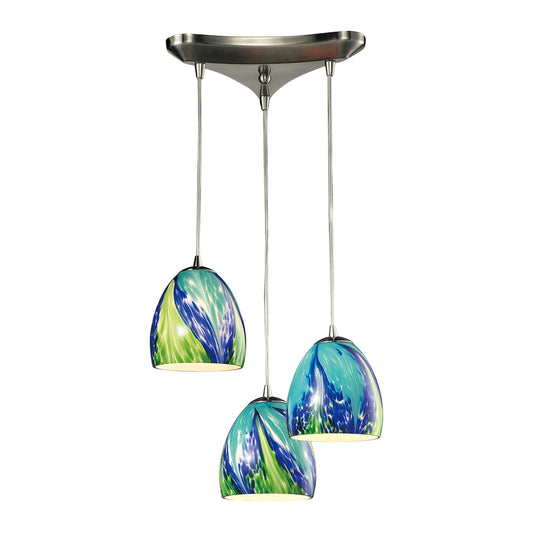 Colorwave 3-Light Triangular Pendant Fixture in Satin Nickel with Blue and Green Glass ELK Lighting | Pendant Lamps | Modishstore