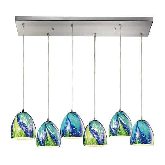 Colorwave 6-Light Rectangular Pendant Fixture in Satin Nickel with Blue and Green Glass ELK Lighting | Pendant Lamps | Modishstore