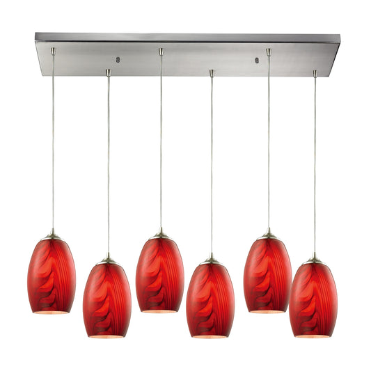 Tidewaters 6-Light Rectangular Pendant Fixture in Satin Nickel with Ruby Glass ELK Lighting | Pendant Lamps | Modishstore