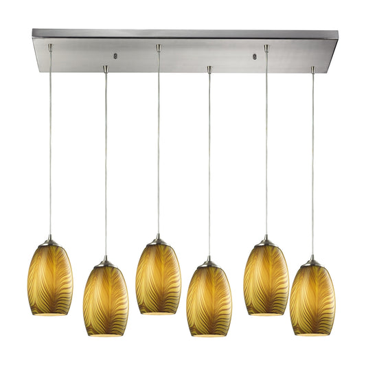 Tidewaters 6-Light Rectangular Pendant Fixture in Satin Nickel with Amber Glass ELK Lighting | Pendant Lamps | Modishstore