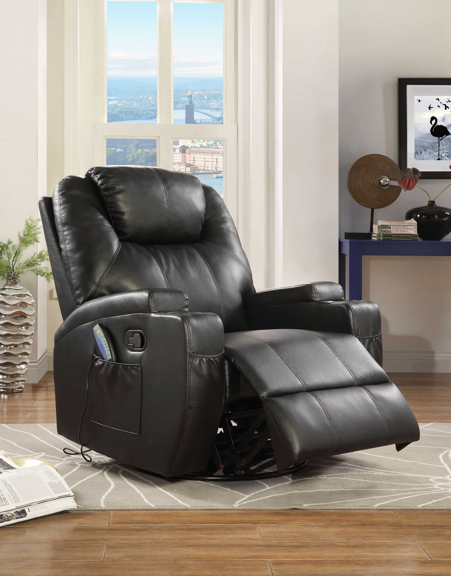 Black Bonded Leather Match Swivel Rocker Recliner With Massage By Homeroots | Recliners | Modishstore - 2