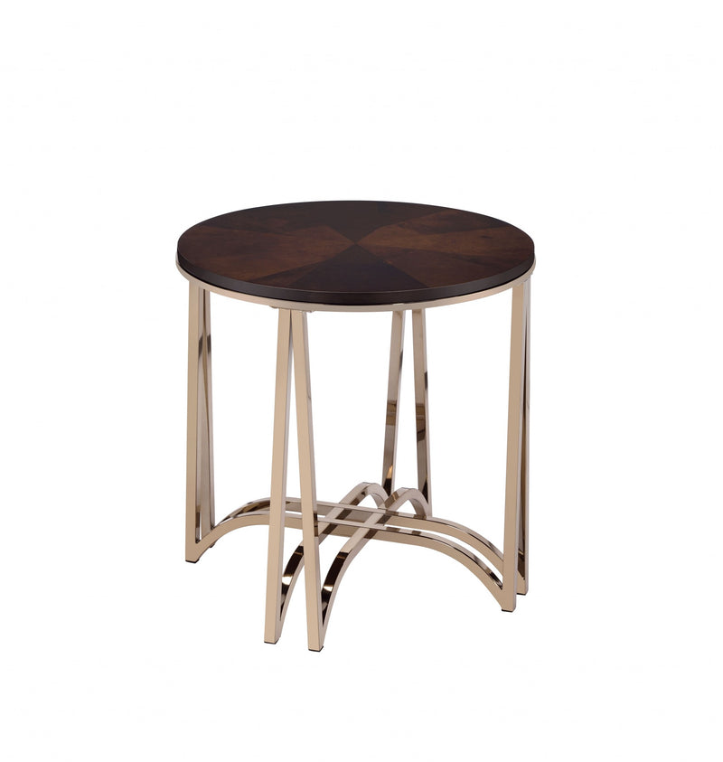 Walnut And Champagne Metal End Table By Homeroots | End Tables | Modishstore