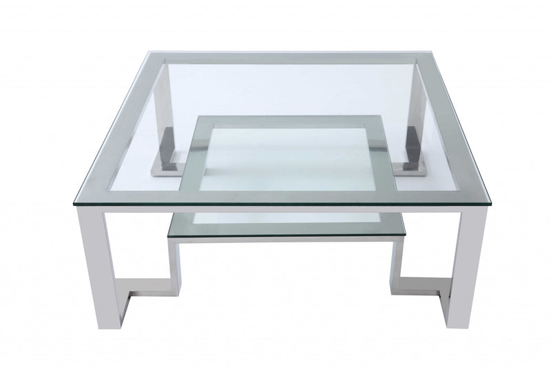 Square Clear Glass Coffee Table with Stainless Steel Base By Homeroots | Coffee Tables | Modishstore