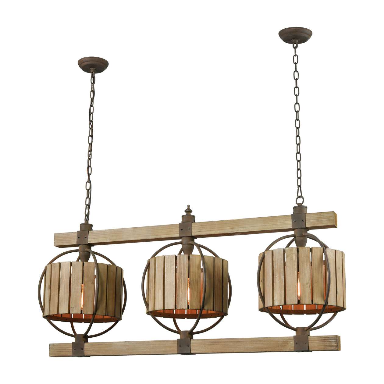 Triple Barrel 3-Light Linear Chandelier in Wood Tone and Rust ELK Home | Chandeliers | Modishstore