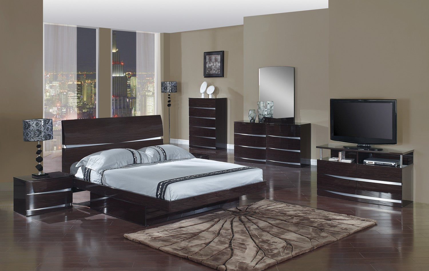 4Pc Eastern King Modern Wenge High Gloss Wenge Bedroom Set By Homeroots | Bedroom Sets | Modishstore