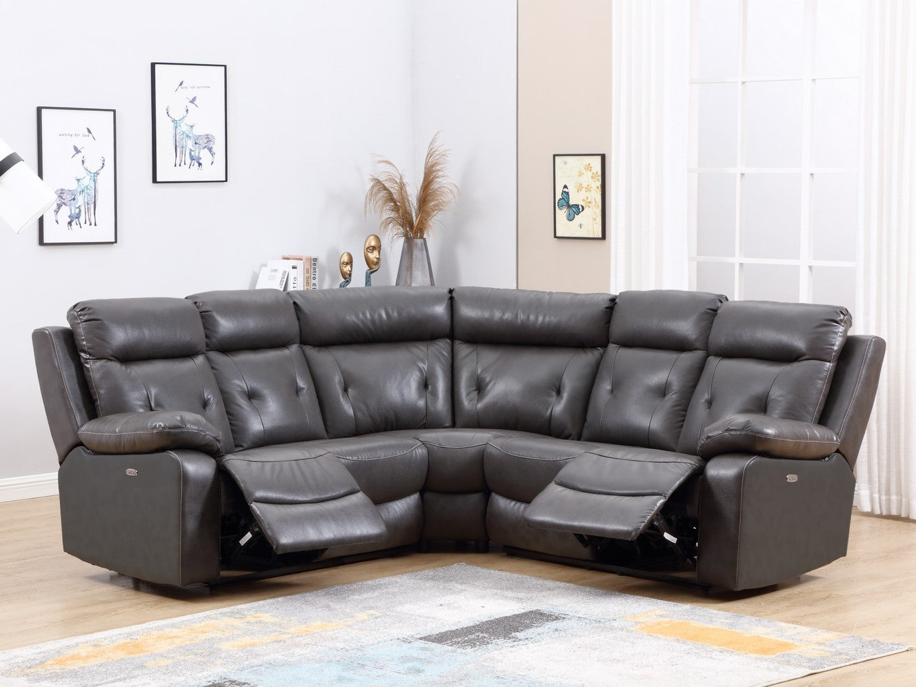 Modern Dark Gray Leather Sectional With Power Recliners By Homeroots | Sectional | Modishstore