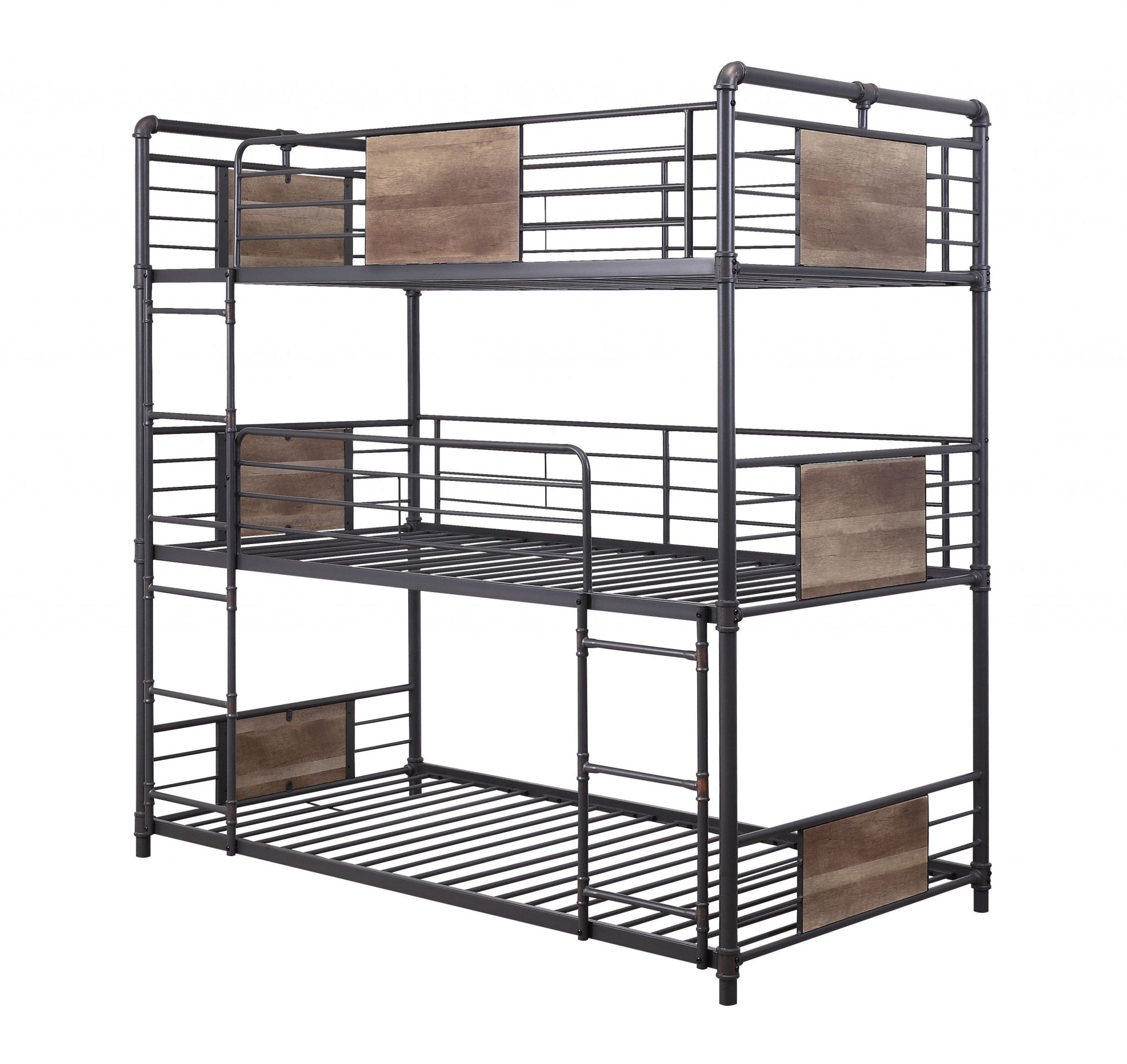 Sandy Black Dark Bronze Handbrushed Metal Wood Triple Bunk Bed Twin By Homeroots | Beds | Modishstore - 2