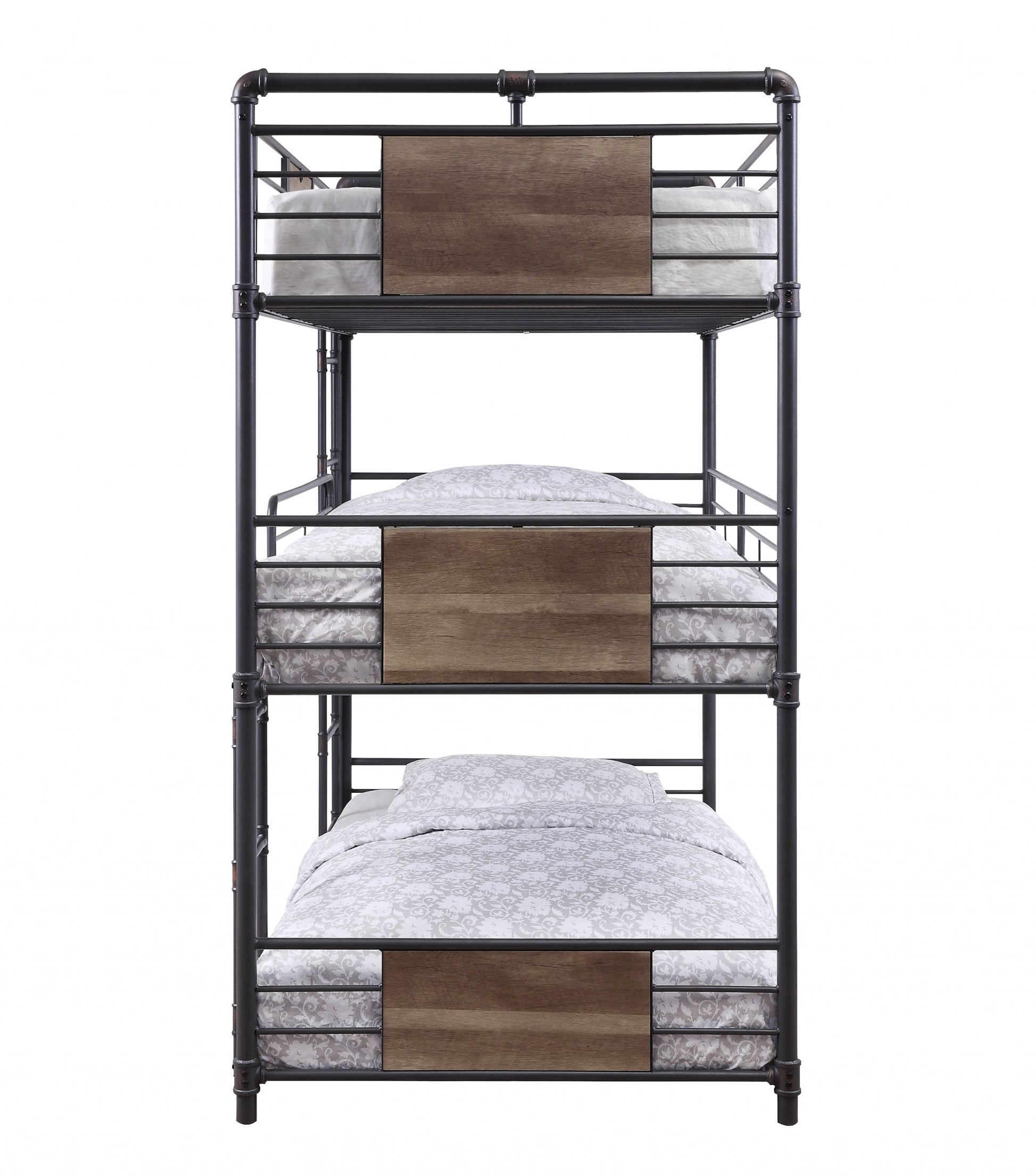 Sandy Black Dark Bronze Handbrushed Metal Wood Triple Bunk Bed Twin By Homeroots | Beds | Modishstore - 3