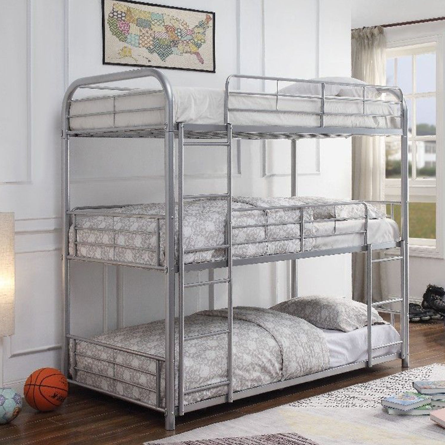 Silver Metal Triple Bunk Bed - Twin By Homeroots | Beds | Modishstore