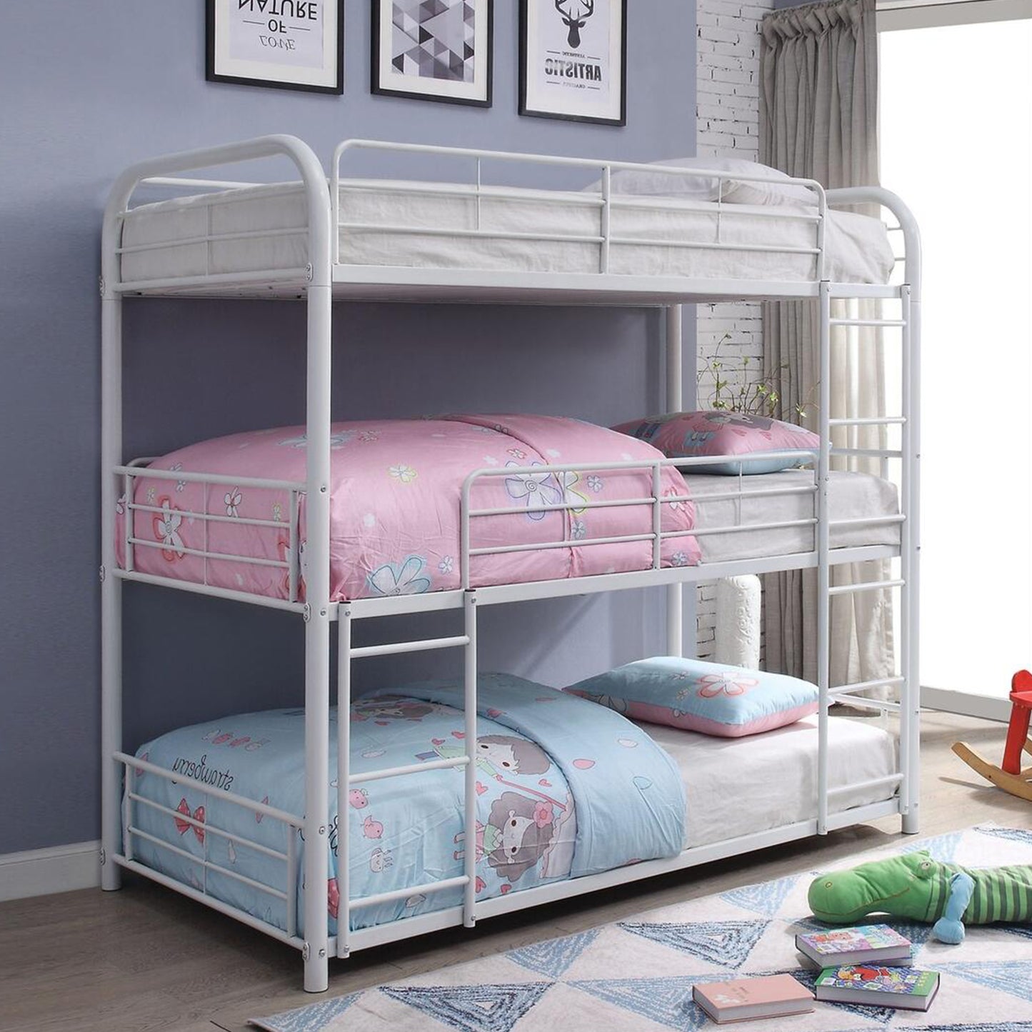 White Metal Triple Bunk Bed - Twin By Homeroots | Beds | Modishstore