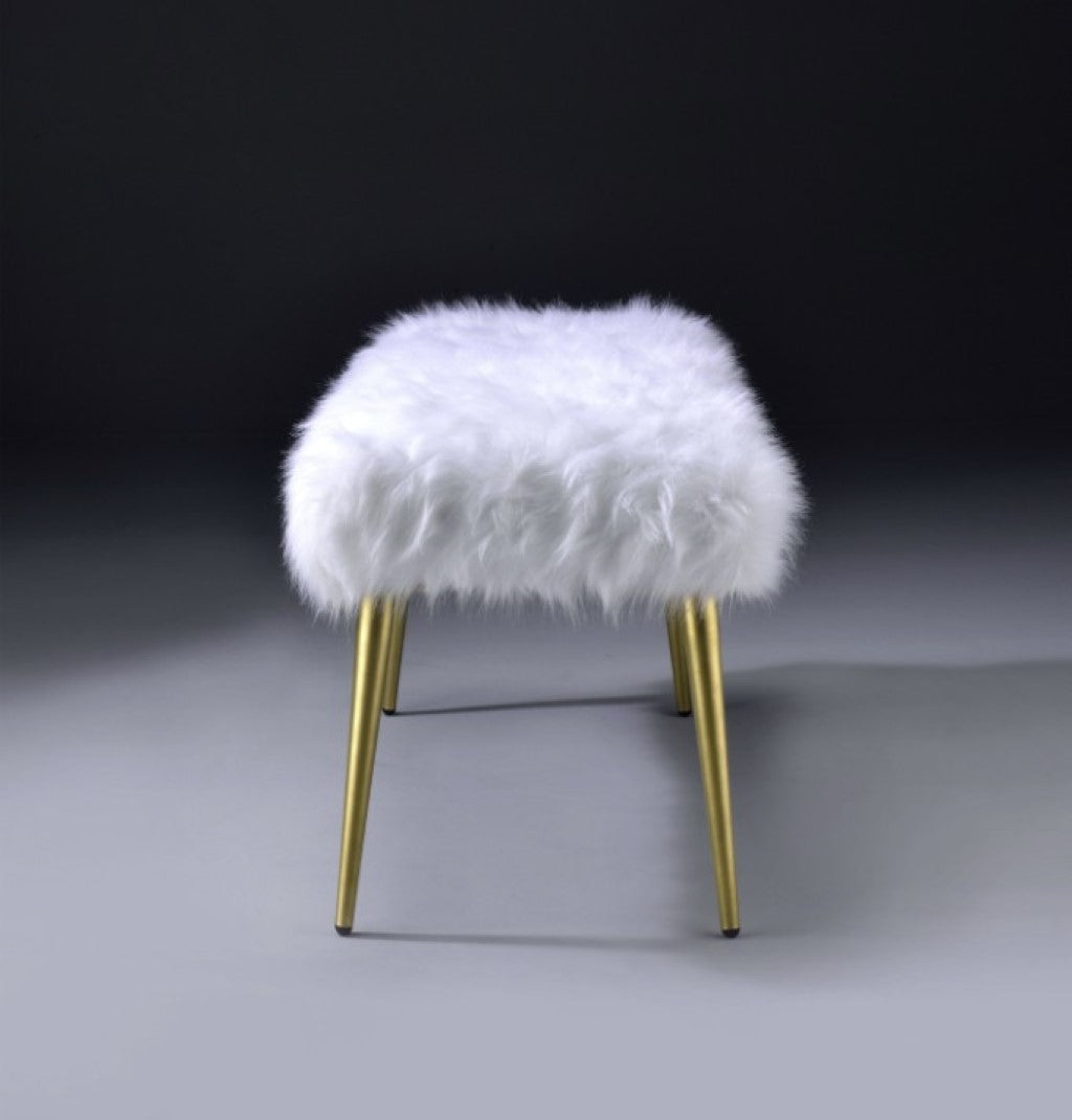 White FauFur Gold Metal Upholstered Seat Bench By Homeroots | Benches | Modishstore - 6