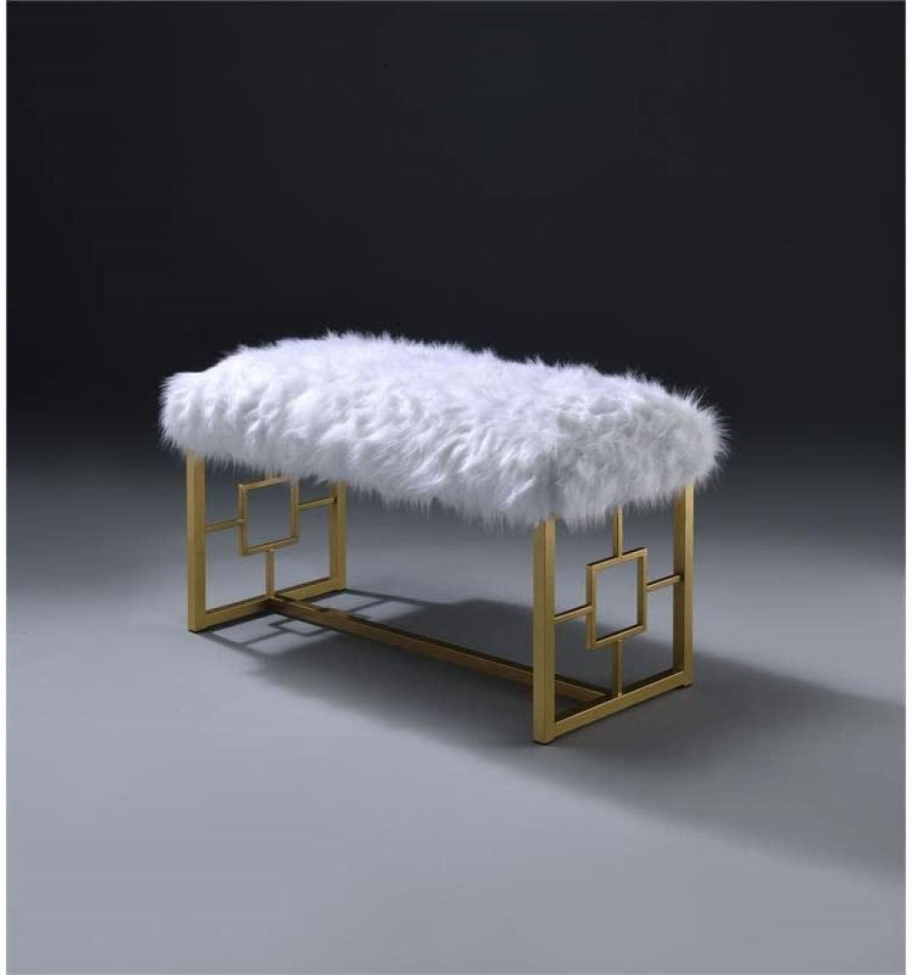 White FauFur Gold Metal Upholstered Bench By Homeroots | Benches | Modishstore - 3