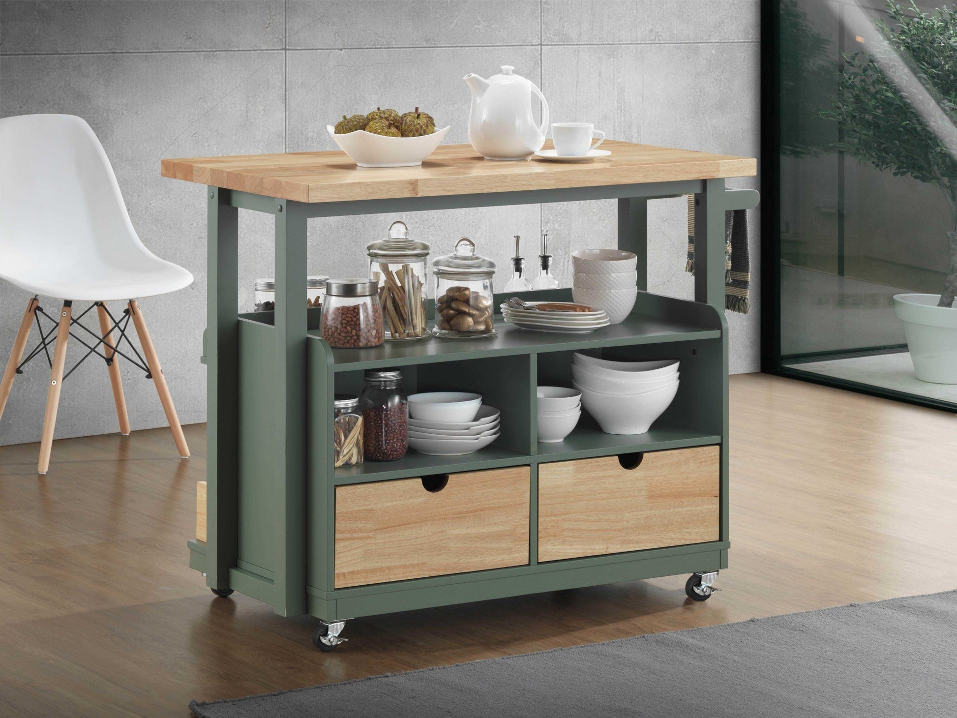 Natural Green Wood Casters Kitchen Cart By Homeroots | Bar Carts | Modishstore