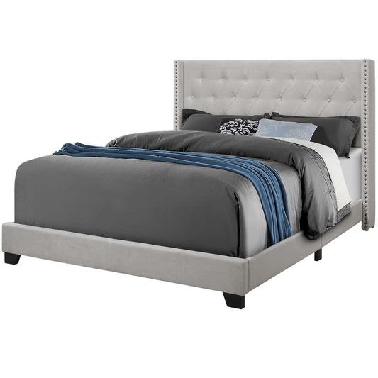 Light Grey Velvet With Chrome Trim Queen Size Bed By Homeroots | Beds | Modishstore