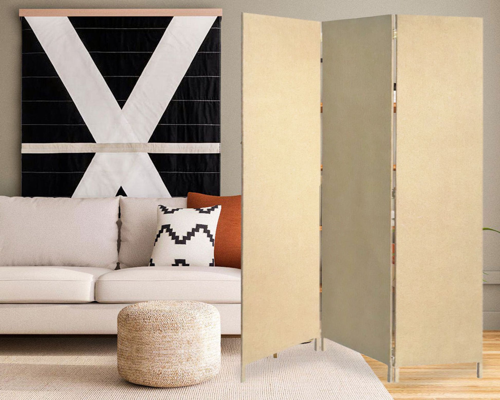 Beige Upholstered 3 Panel Room Divider Screen By Homeroots | Room Dividers | Modishstore