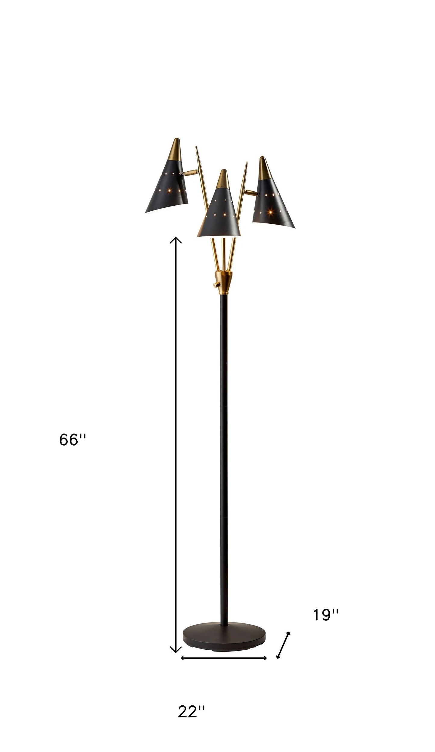 Black Metal Floor Lamp with Three Adjustable Antique Brass Accented Cone Shades By Homeroots | Floor Lamps | Modishstore - 2