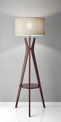 Walnut Wood Floor Lamp Tripod Base with Shelf By Homeroots