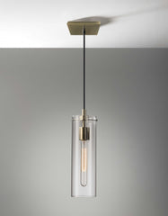 Clear Glass Cylinder Shade with Vintage Filament Bulb Antique Brass Metal Pendant By Homeroots