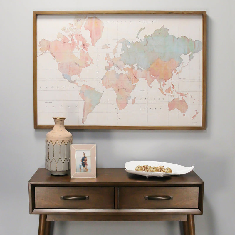 Watercolor World Map Wood Framed Wall Art By Homeroots | Wall Decor | Modishstore