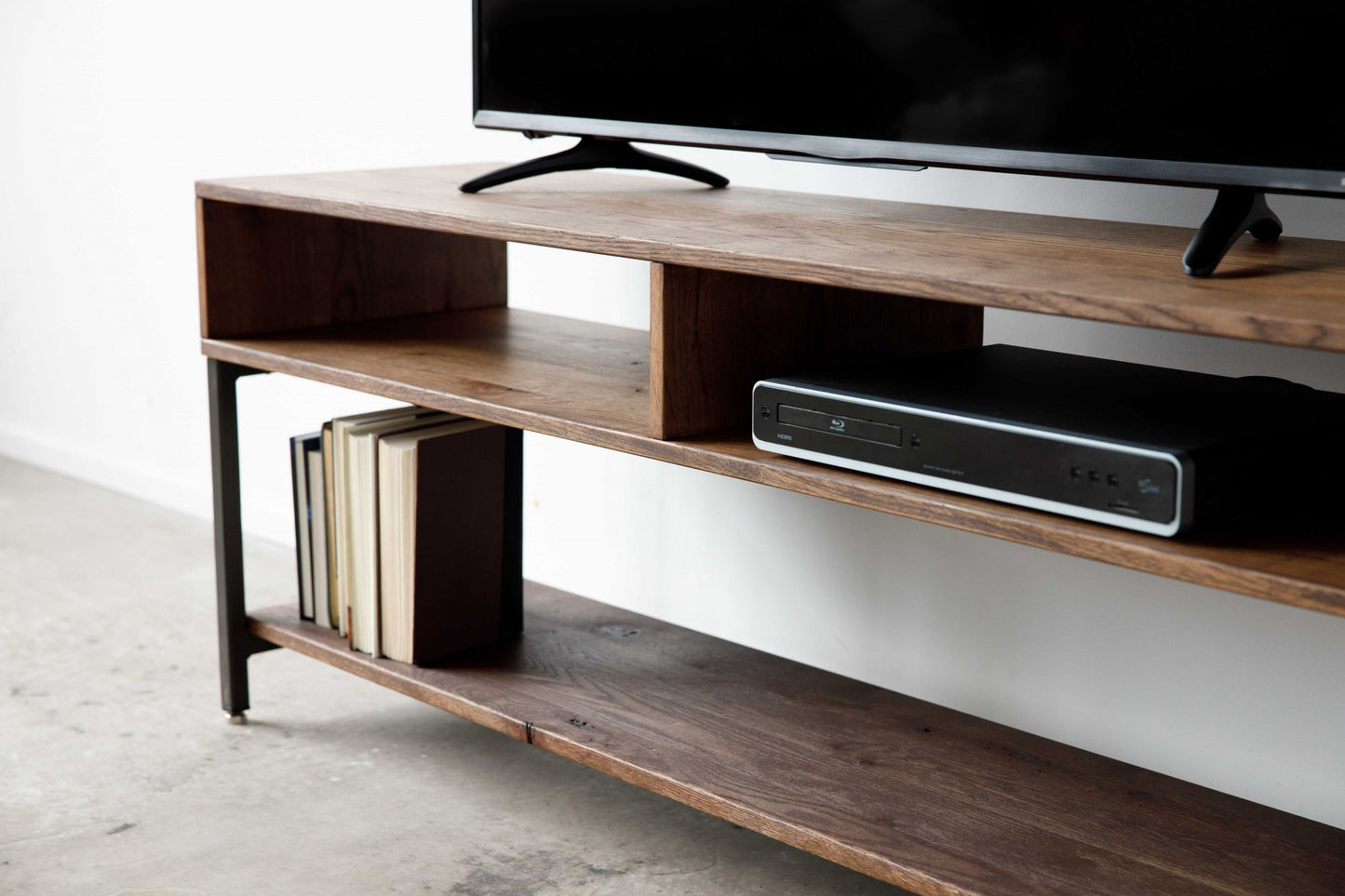 Warm Dark Finish Maple And Steel TV Stand and Media Center By Homeroots | TV Stands | Modishstore