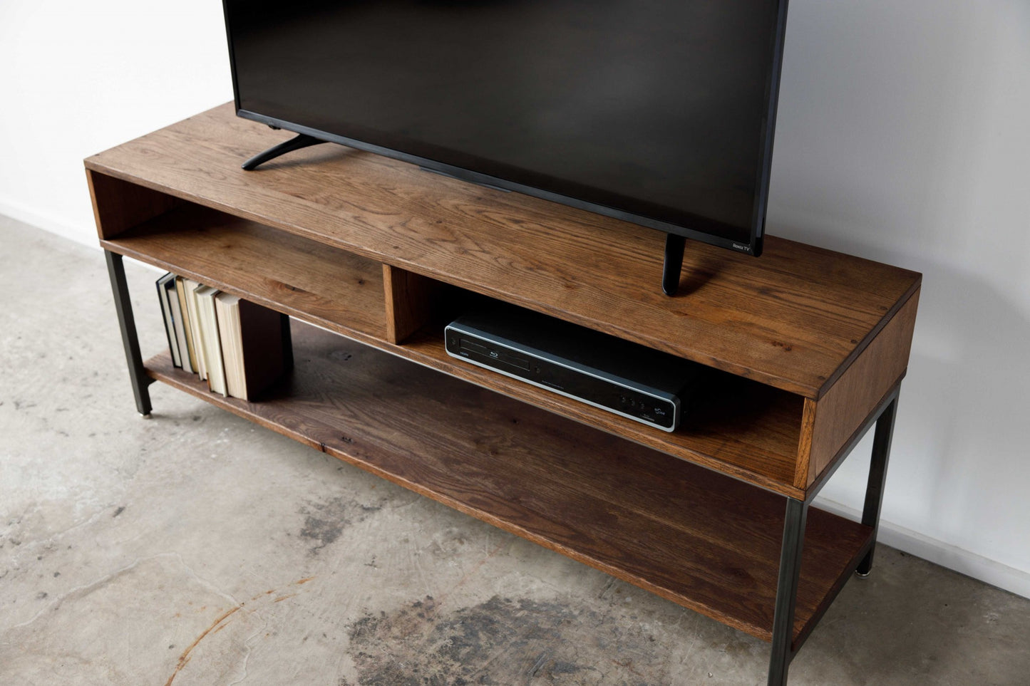 Warm Dark Finish Maple And Steel TV Stand and Media Center By Homeroots | TV Stands | Modishstore - 4