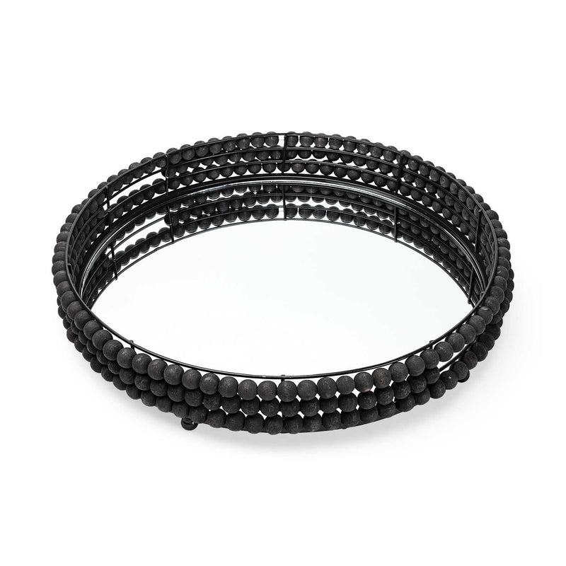 21' Matte Black Wood With Bead Mirrored Glass Bottom Round Tray By Homeroots | Trays | Modishstore