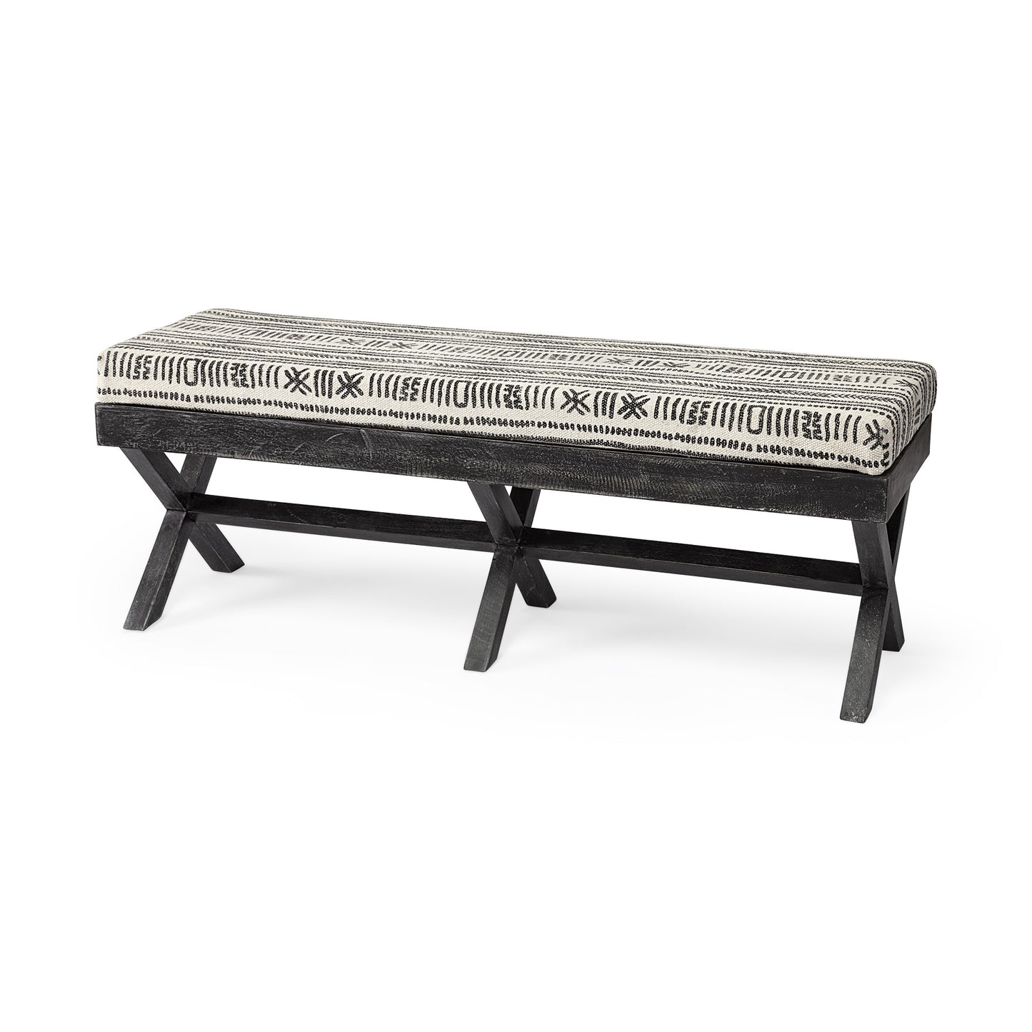 Rectangular Indian Mango WoodDark-Brown Finish W Upholstered Gray And White Patterned Seat Accent Bench By Homeroots | Benches | Modishstore