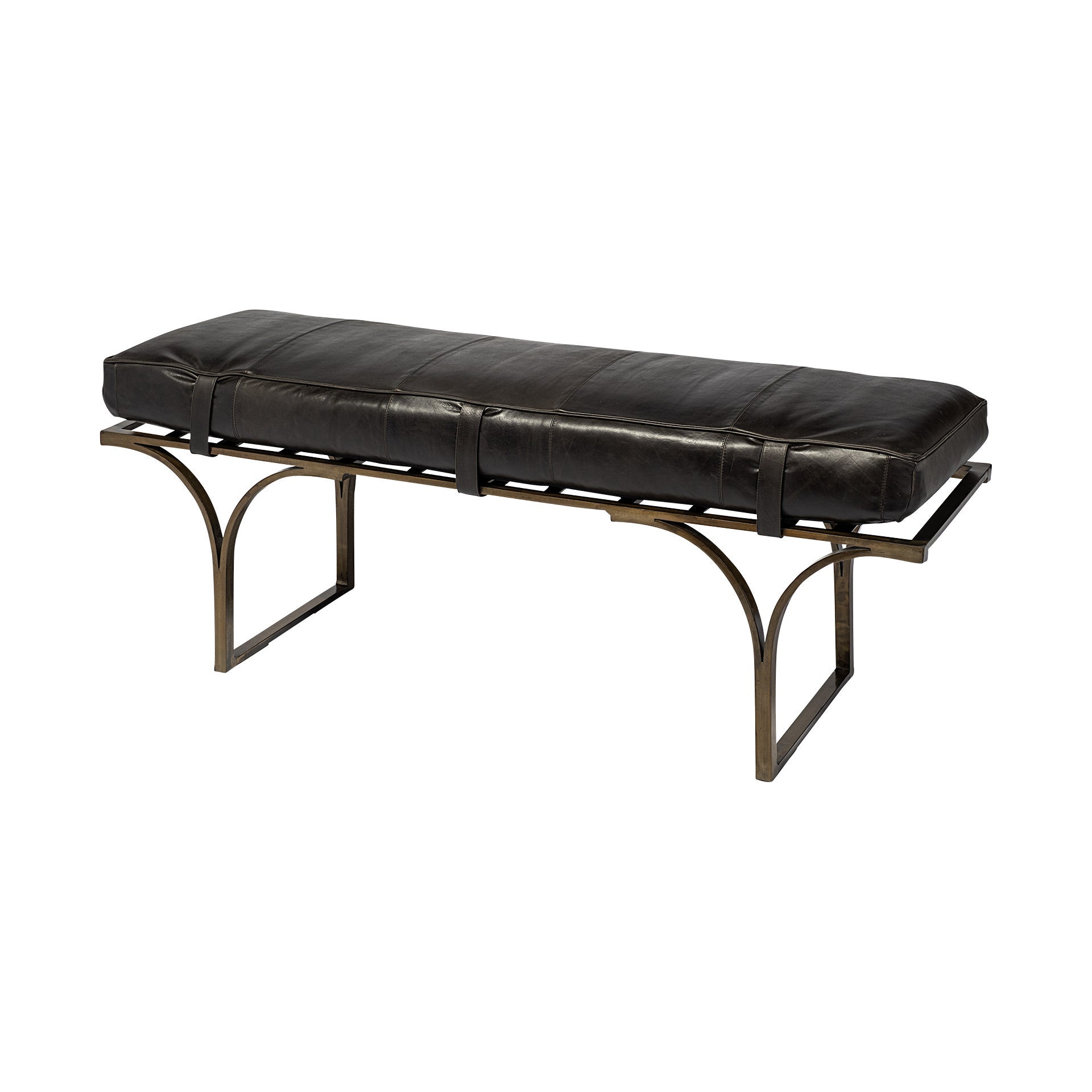 Rectangular MetalAntiqued-Gold Black Genuine Leather Seat Accent Bench By Homeroots | Benches | Modishstore