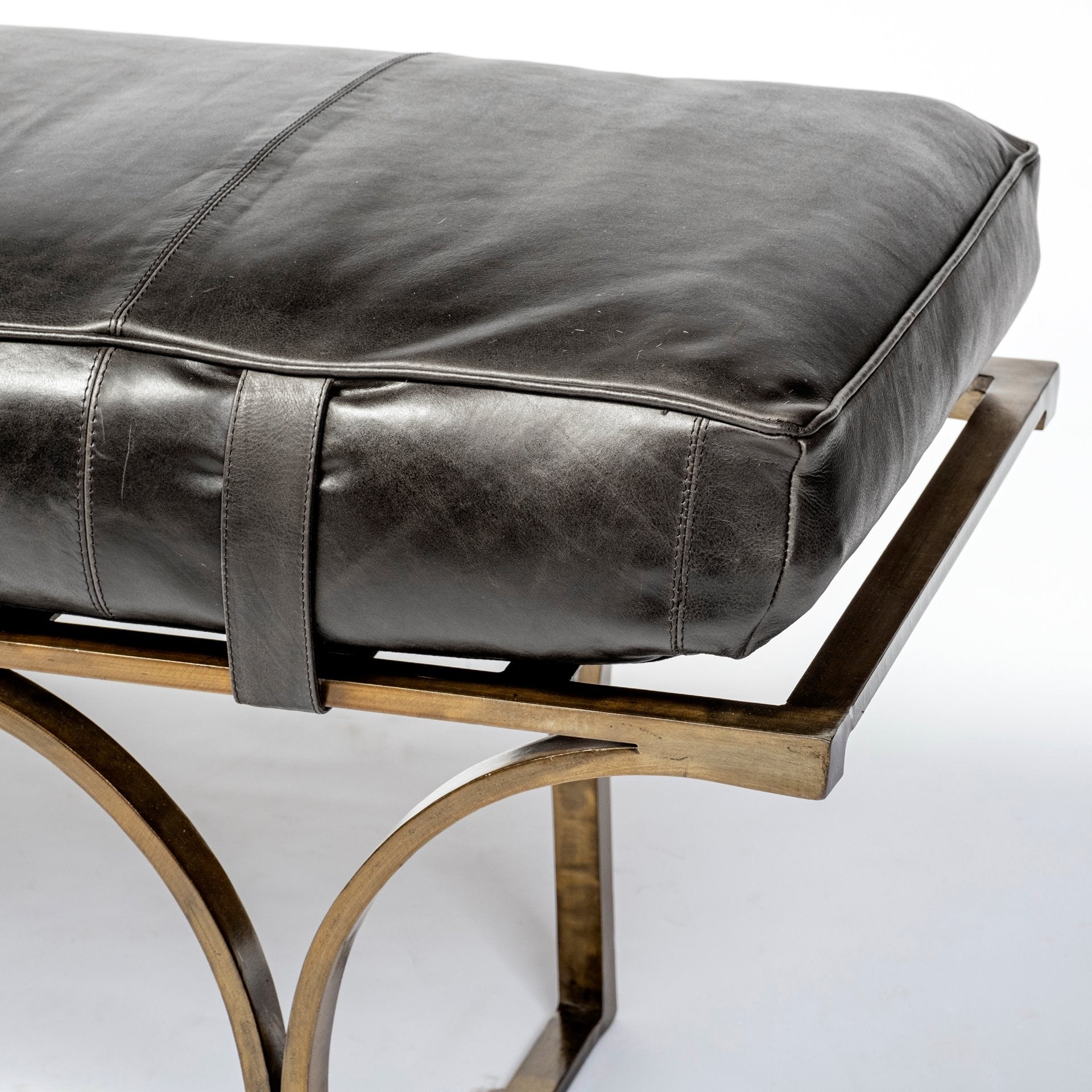 Rectangular MetalAntiqued-Gold Black Genuine Leather Seat Accent Bench By Homeroots | Benches | Modishstore - 3