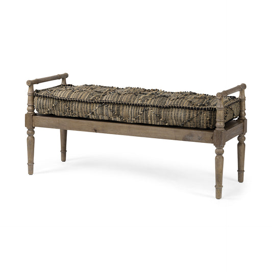 Rectangular Indian Mango WoodLight Brown And Grey W Jute Patterned Top Accent Bench By Homeroots | Benches | Modishstore