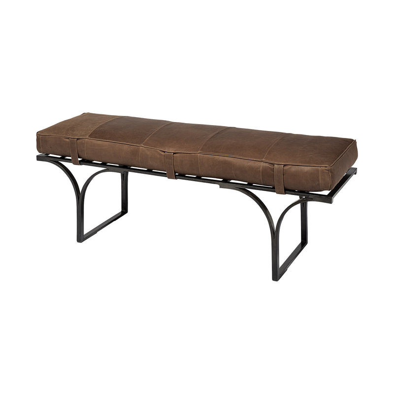 Rectangular MetalMatte-Black Antiqued Brown Genuine Leather Seat Accent Bench By Homeroots | Benches | Modishstore