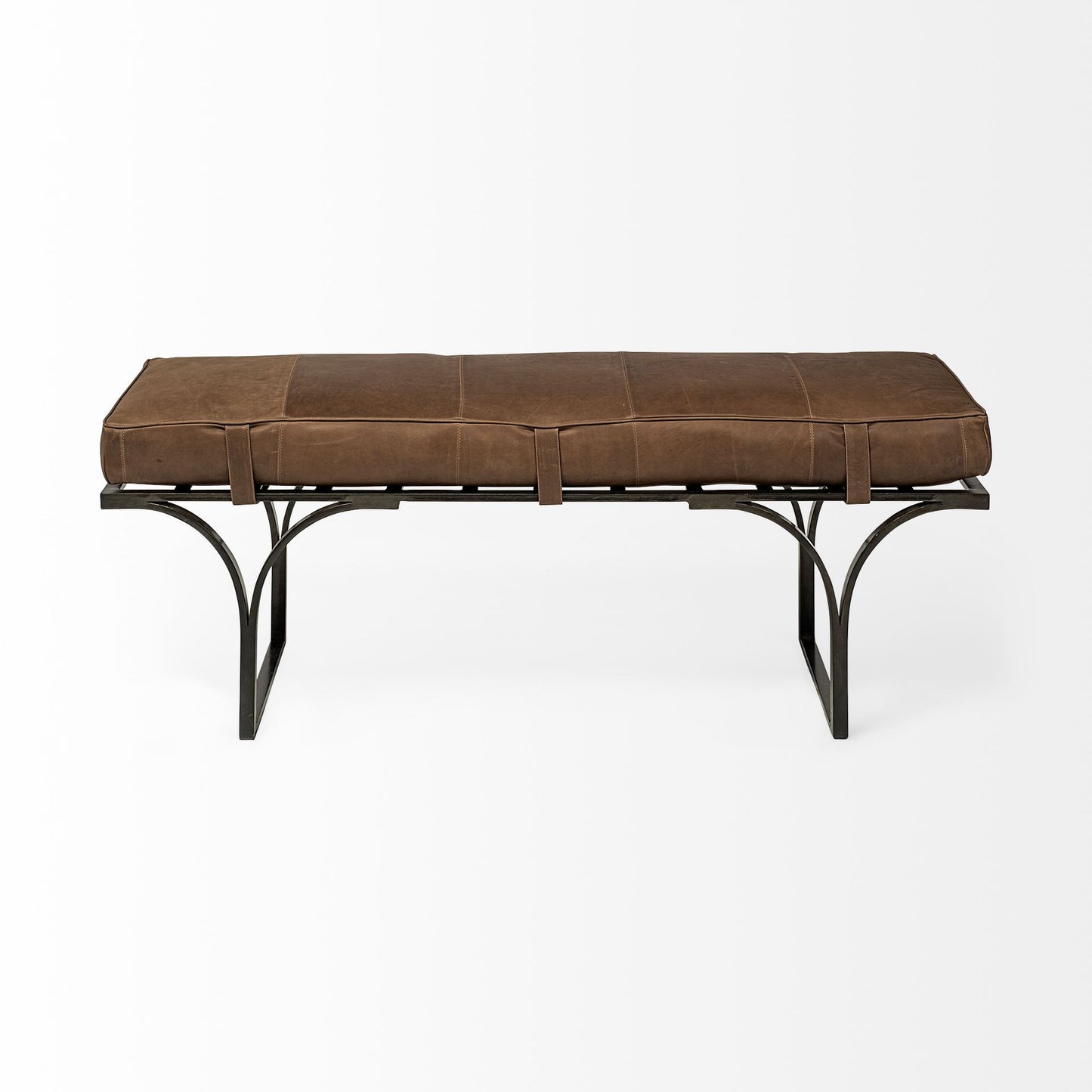 Rectangular MetalMatte-Black Antiqued Brown Genuine Leather Seat Accent Bench By Homeroots | Benches | Modishstore - 2