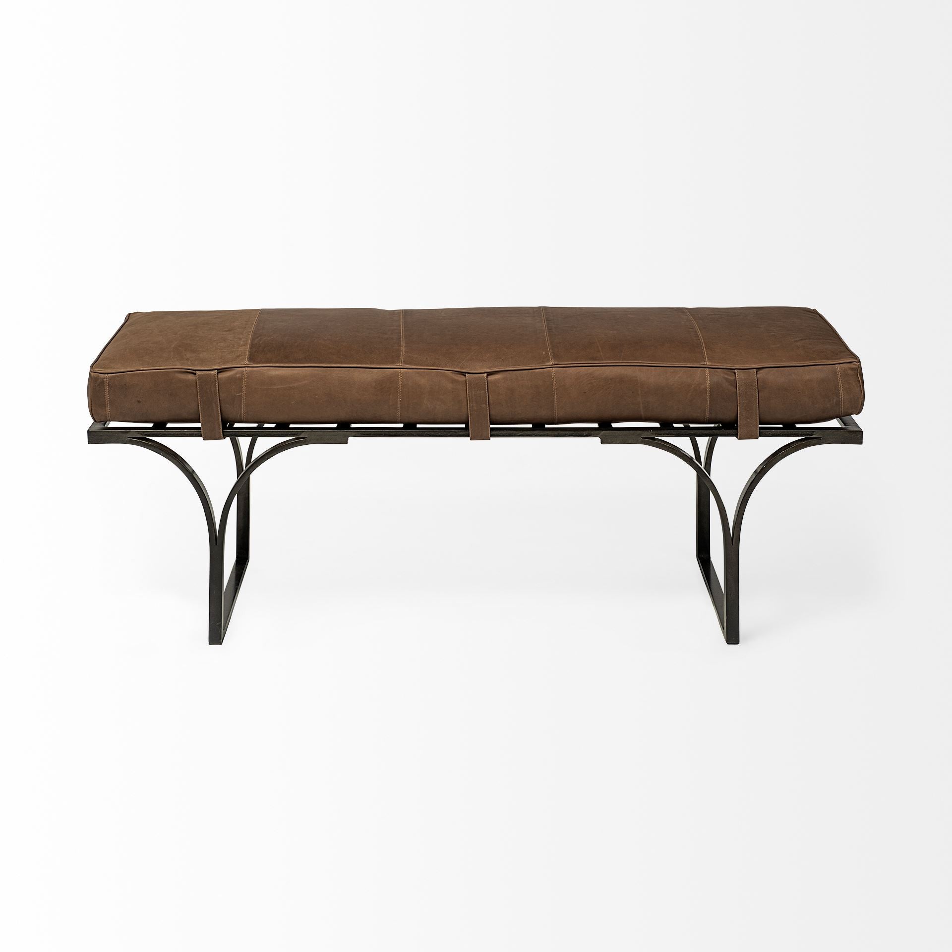 Rectangular MetalMatte-Black Antiqued Brown Genuine Leather Seat Accent Bench By Homeroots | Benches | Modishstore - 2