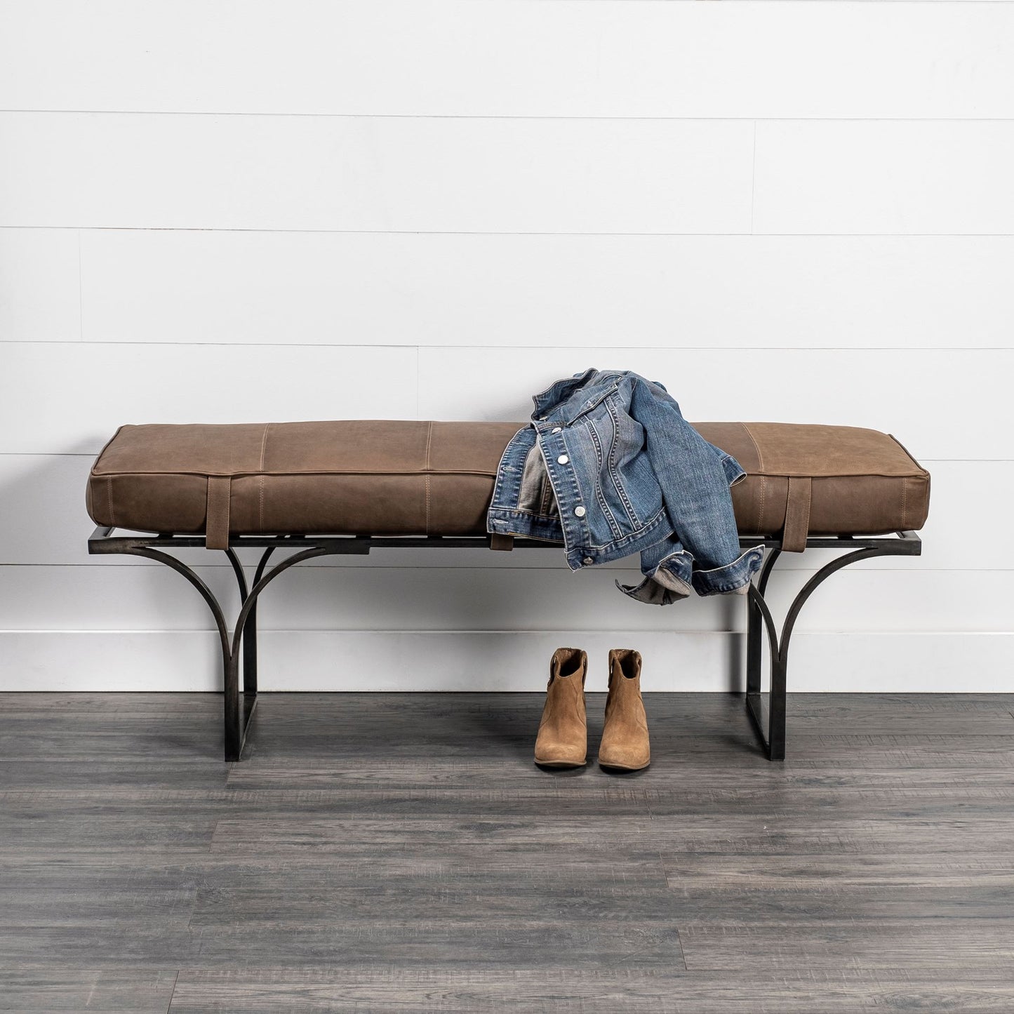 Rectangular MetalMatte-Black Antiqued Brown Genuine Leather Seat Accent Bench By Homeroots | Benches | Modishstore - 5