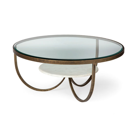 36' Round Glass Top Marble Shelf Gold Base Coffee Table By Homeroots | Coffee Tables | Modishstore