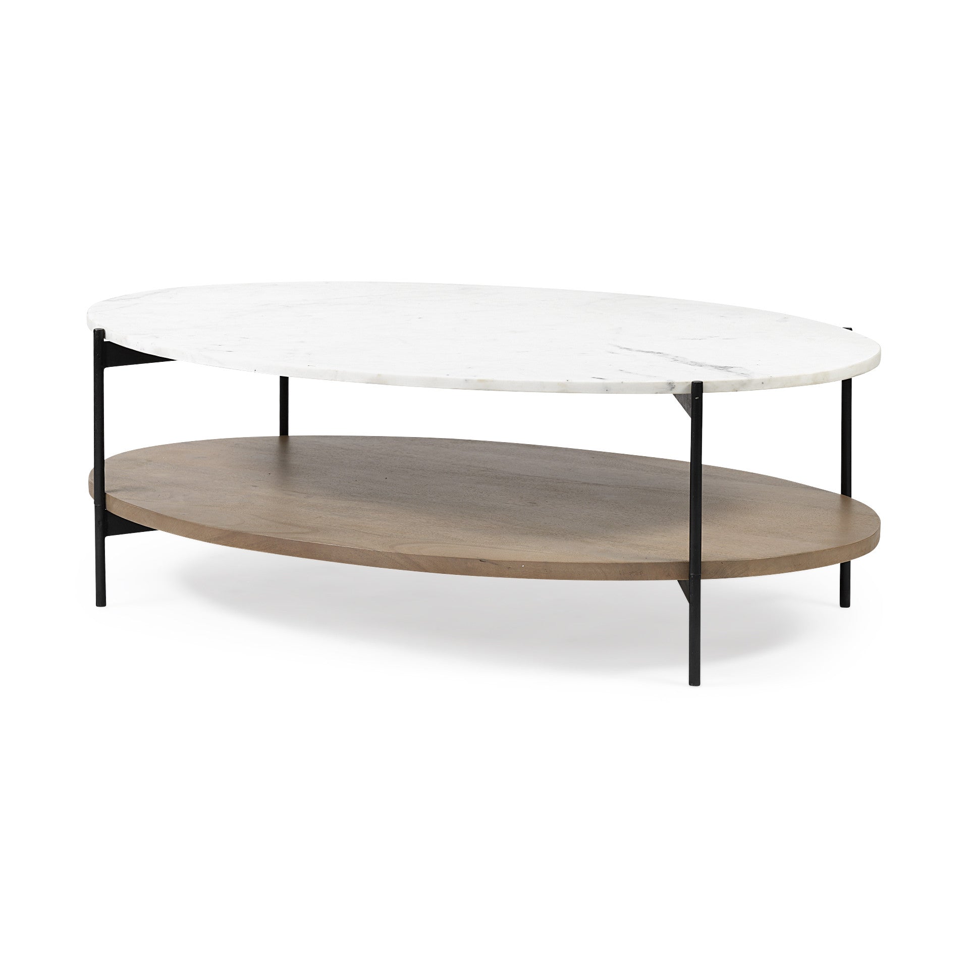 Oval White Marble Top and Black Metal Base Coffee Table w Wood Shelf By Homeroots | Coffee Tables | Modishstore